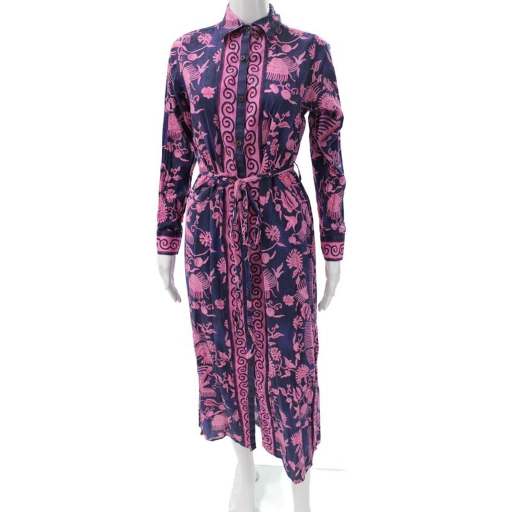 Bella Tu Women Blue Cotton Shirt Dress Long Sleeve Collared Button Size XS